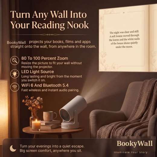 BookyWall Story Projector en un rincón de lectura acogedor