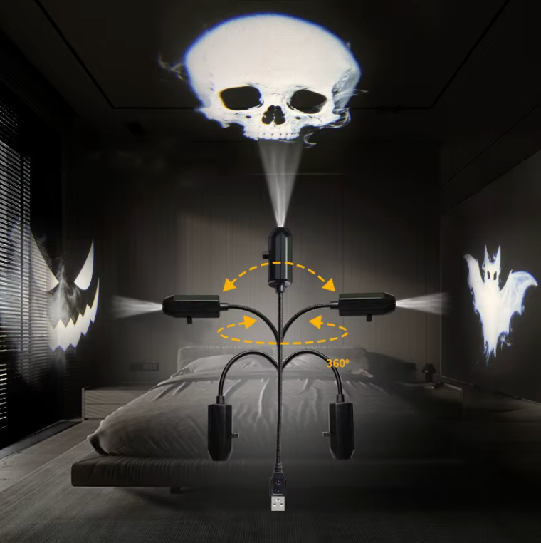 Haunt Beam projecting a skull, jack-o'-lantern and ghost in a dark bedroom