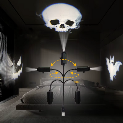 Haunt Beam projecting a skull, jack-o'-lantern and ghost in a dark bedroom